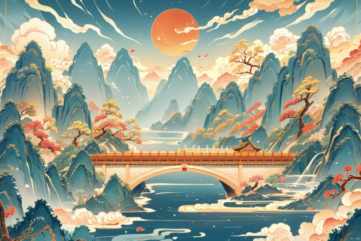  (Chinese painting), (12 zodiac animals),Feitian, , blackand red theme, cloud, no humans, tree, outdoors, sky, house, water, scenery, bridge, river, cloudy sky, mountain,masterpiece, best quality, ultra-detailed, , masterpiece, best quality,