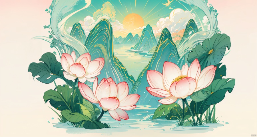 Masterpiece, Best Quality, High Resolution, Incredibly Ridiculous, Absurd, Very High Resolution, Detailed Beautiful Scene, Ultra HD Wallpaper, ((overall tone is red)), (foreground auspicious clouds), clouds, auspicious clouds Patterns, lotuses, ponds, peaks, pagodas, peony flower decorations, golden phoenix patterns and antique jade colors, while drawing on exquisite window pane patterns and delicate gold foil embellishments