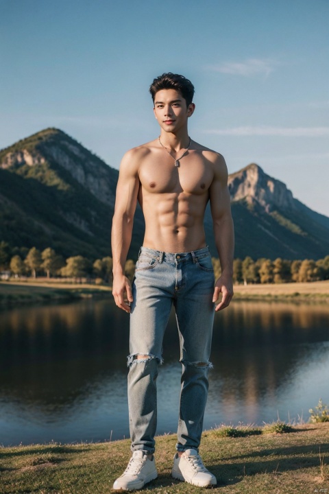 Artistic panoramic photo, 35mm lens perspective, ultra-high detail capture, half-naked male model, topless.Jeans, briefs, sneakers, watch, necklace, full body composition, powerful physique, tasteful exposure, athletic figure, sculptural form, natural environment, outdoor scene, sunset or sunrise tones, soft directional lighting, organic Texture, strategic use of shadows, dynamic poses, sense of freedom, earthy tones, serene landscape backdrop, immersive wide angle view, MJYXZC_aesthetic_nude, subtle exposure balance, exceptional clarity, nuanced color grading, discreet presentation, natural -Inspired narrative.((poakl)),
