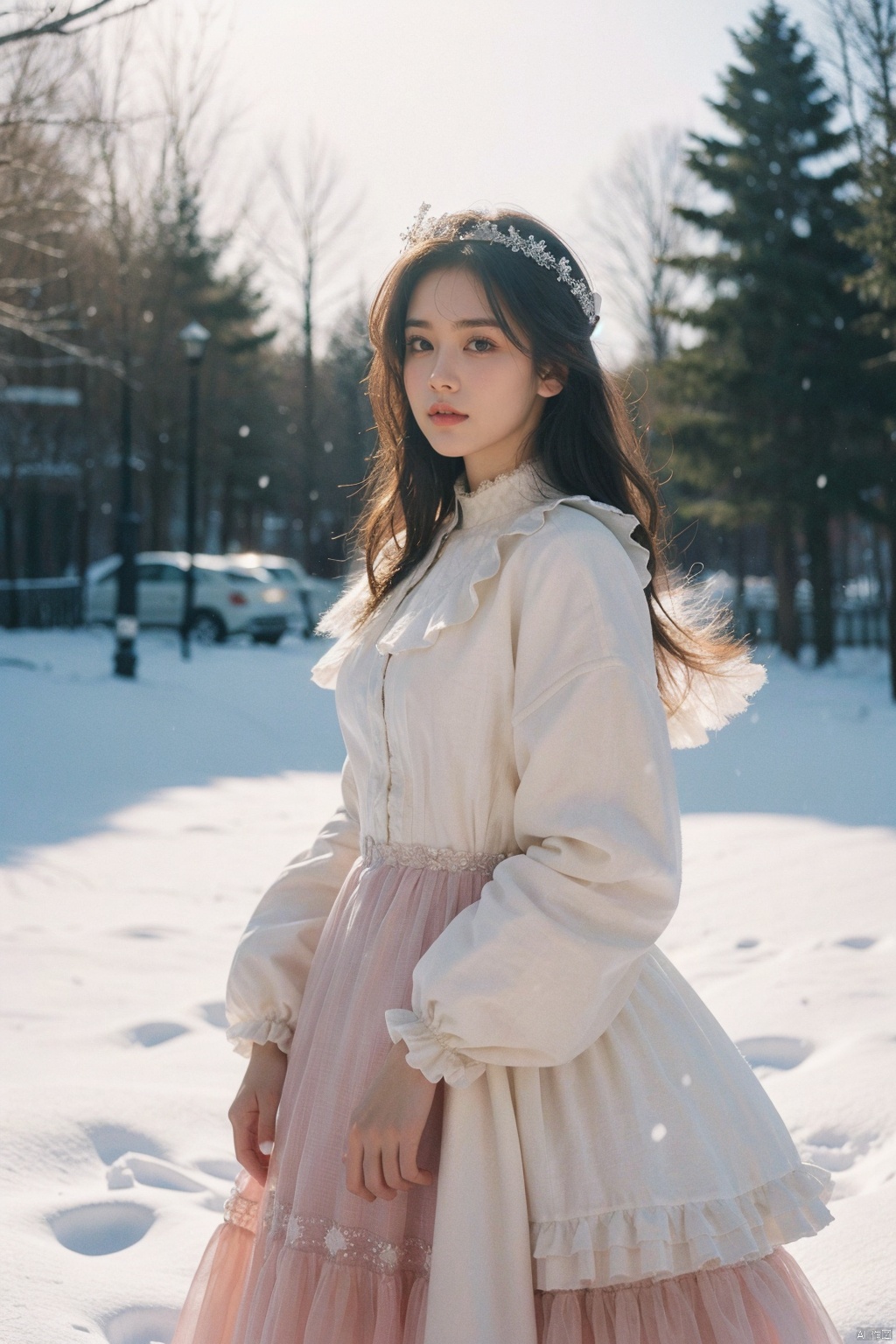 
An Annie Leibovitz masterpiece, capturing a winter Lolita fashionista in an enchanting outdoor scene. The subject stands amidst a snow-covered landscape, her voluminous dress crafted from layers of frills and lace, adorned with intricate embroidery and a pastel color palette that contrasts beautifully against the stark white surroundings. Her parasol and matching accessories complete the whimsical look, while her stance radiates poise and charm. Leibovitz's lens encapsulates the essence of this fantastical subculture, freezing the moment in time as delicate flakes dance around her. The image is meticulously composed, utilizing natural light to highlight the sumptuous fabrics and fine details of the outfit, while also conveying the chill of the winter air through the model's rosy cheeks and breath condensation. (8K resolution, best quality: 1.2), (stylized portrait photography), (photorealistic depth and texture: f/4.0), (ultra-high-res), (signature use of environmental storytelling), (meticulous attention to period-inspired fashion elements), (realistic depiction of winter atmosphere).((poakl))