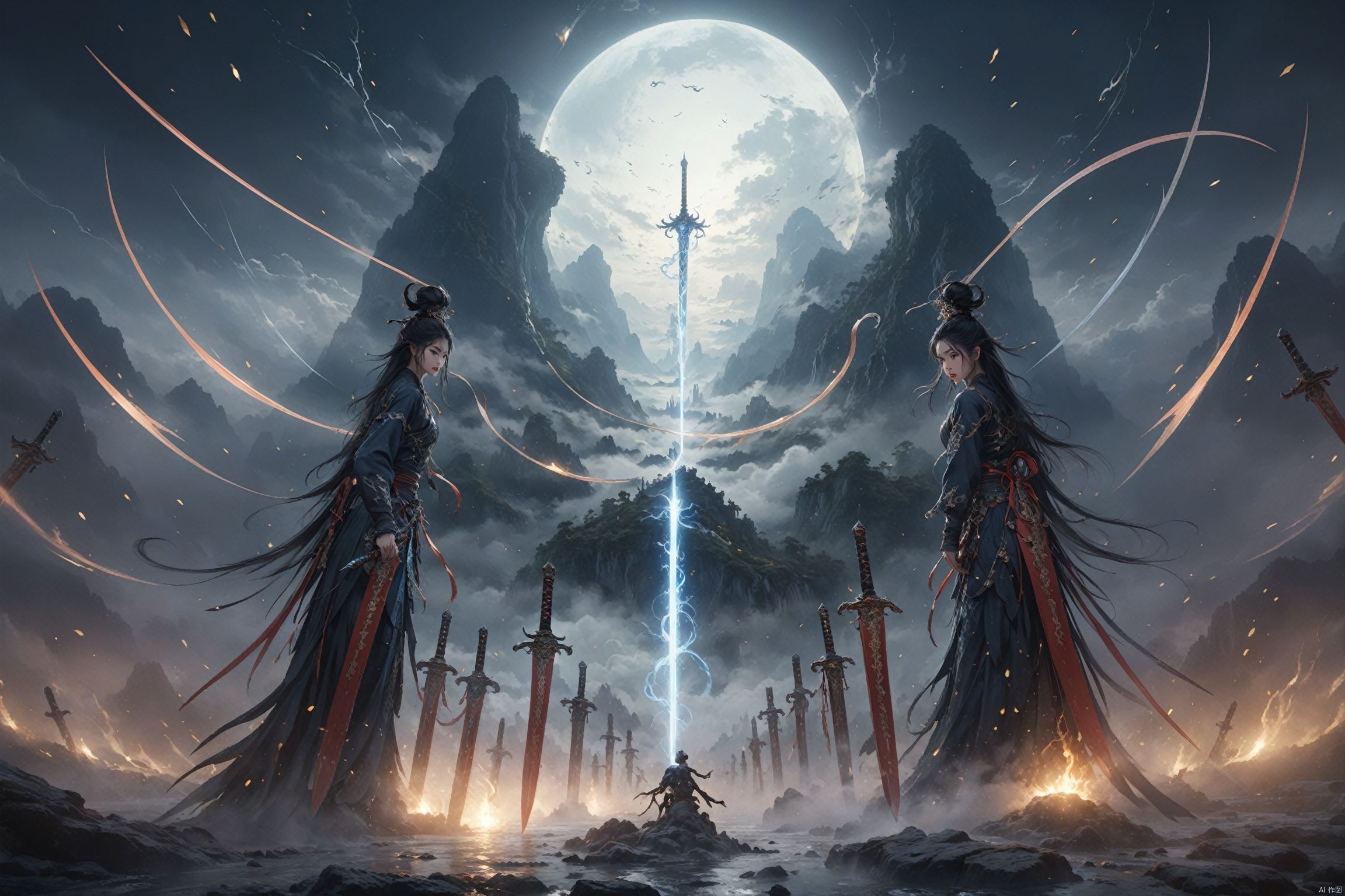  Ancient China, Wuxia World, Thousands of Swords, Flying Sword, Black through the Hole, surrounded by mist, vast panorama, Unreal light and shadow, wide Angle lens, captured at dusk, cinematic texture, Unreal Engine 4, 8K Ultra HD, clear and bright image quality, amazing fantasy immortal scenes, ink painting style, highly refined, dynamic expression, clear lines, cinematic texture, Cold atmosphere, vivid, render high octane, extremely fine,wujie,wanjianguizong,jianjue,11