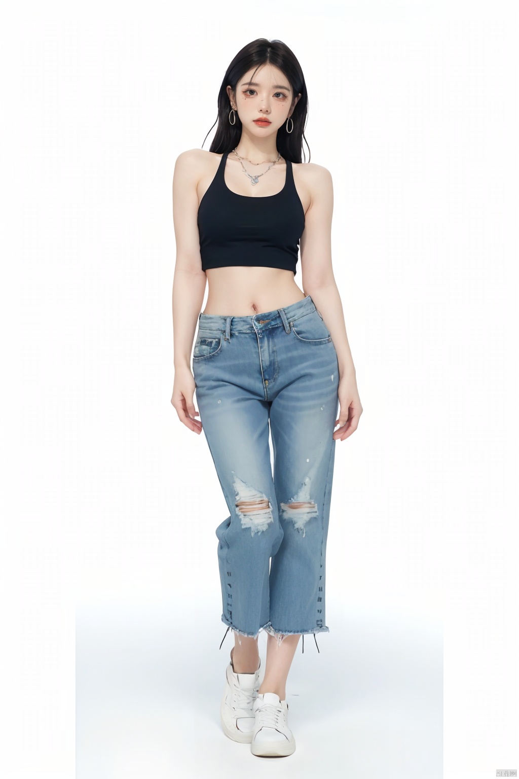  (best quality), ((masterpiece)), (highres), digital art, illustration, original, ultra-realistic, intricate details . ooo, 1girl, solo, flowing black hair, voluminous locks, full body, minimalist white background, piercing blue eyes, direct gaze, looking at viewer, visible navel, casual outfit, high-waisted green pants, cropped jeans, sneakers, iconic nike shoes in black and white, exposed ankles, jewelry adorned, silver hoop earrings, statement necklace, stylish crop top, off-shoulder cut, midriff-baring, fitted black leather jacket, hands tucked casually in pockets, bare shoulders, toned arms, subtle smile, standing pose, natural cleavage, slightly parted lips, **** top underneath, medium-sized breasts, prominent collarbone, unzipped open jacket revealing a hint of the **** top, floating strands of hair, dynamic composition, confident stance., ((poakl))