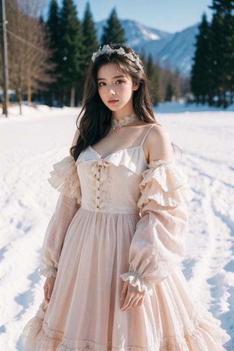 
An Annie Leibovitz masterpiece, capturing a winter Lolita fashionista in an enchanting outdoor scene. The subject stands amidst a snow-covered landscape, her voluminous dress crafted from layers of frills and lace, adorned with intricate embroidery and a pastel color palette that contrasts beautifully against the stark white surroundings. Her parasol and matching accessories complete the whimsical look, while her stance radiates poise and charm. Leibovitz's lens encapsulates the essence of this fantastical subculture, freezing the moment in time as delicate flakes dance around her. The image is meticulously composed, utilizing natural light to highlight the sumptuous fabrics and fine details of the outfit, while also conveying the chill of the winter air through the model's rosy cheeks and breath condensation. (8K resolution, best quality: 1.2), (stylized portrait photography), (photorealistic depth and texture: f/4.0), (ultra-high-res), (signature use of environmental storytelling), (meticulous attention to period-inspired fashion elements), (realistic depiction of winter atmosphere).((poakl))