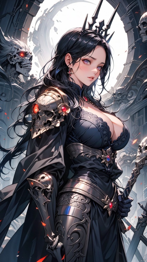  Chizuru wears black knight armor forged by a blacksmith. There are skull carvings on the armor. She will control all seven realms. Dark greedy background, (big breasts 1.2), glowing eyes, midjourney, oda non, Soul_of_Cinder, wowdk