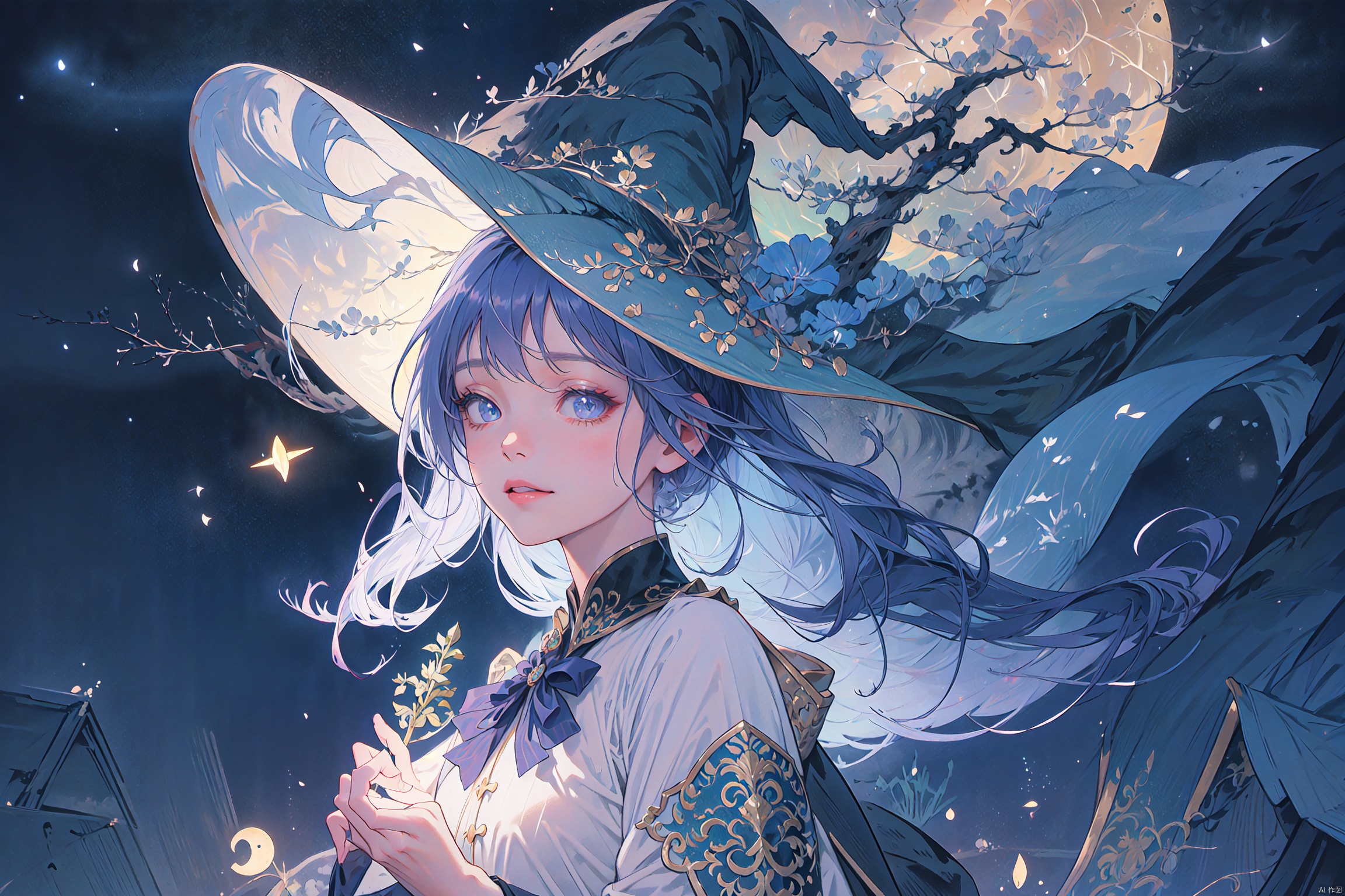 Best quality, masterpiece, illustration, super detailed, beautiful detailed eyes, (1 girl: 1.3), (witch: 1.2), eyes looking straight ahead, ordinary robe but fine details, (purple tone: 1.0), night vintage Castle background, bright moonlight, holding an ordinary staff but with bright spots, simplified magic circle pattern, weak rune light, energy gathered in the hand, a small amount of floating elemental particles, natural casting movements, expressions of courage and determination, implicit protective atmosphere, summoning Small guardian creature, symbol of shared power, connection with natural elements, theme of balance and harmony, hint of the flow of time, light of wisdom, ancient trees and moonlight, smile of hope, tacit team cooperation, magic linkage symbol, simple depiction of enchantment, sense of security Convey, stardust adorns the picture.)