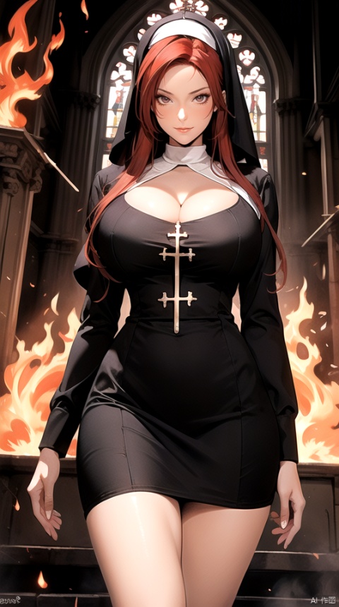  Masterpiece, 1 nun, sexy big breasts, red hair, mini nun skirt, cleavage, light and shadow, glossy skin, standing, using dark magic, fire magic, (burning church 1.2), (clothes with flames 1.5), a lot of fire elements , particle effects, textured skin, super details, best quality,
