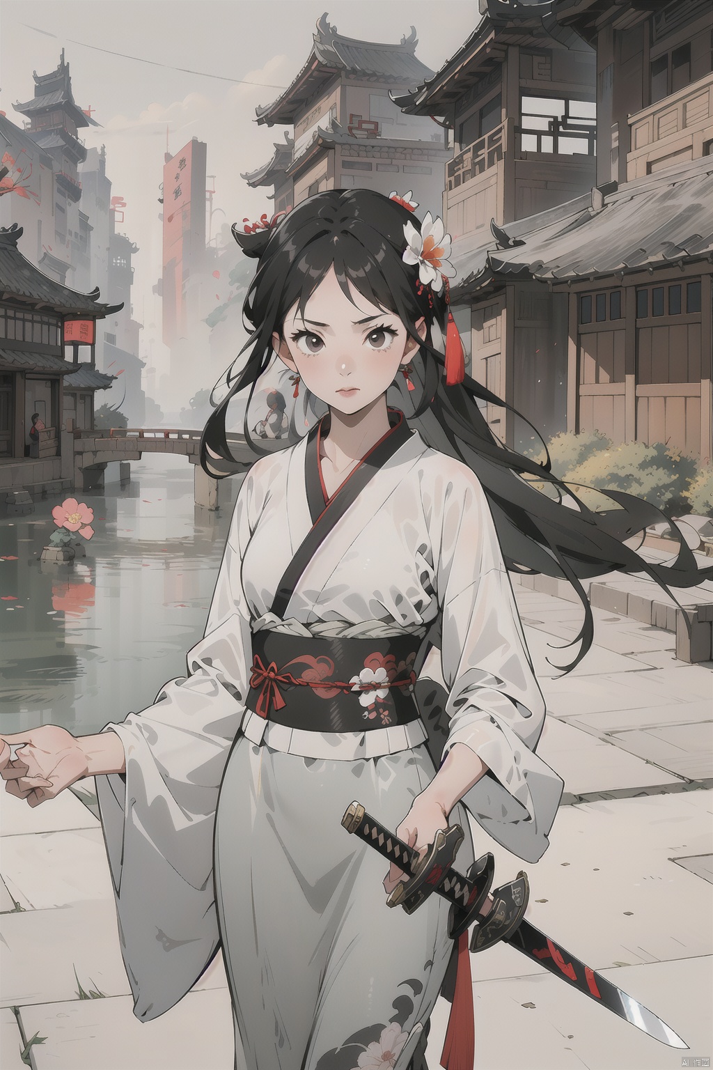  1man,1girl, weapon, sword,flower, hanfu,chinese painting,huaniao,guzhen,xia