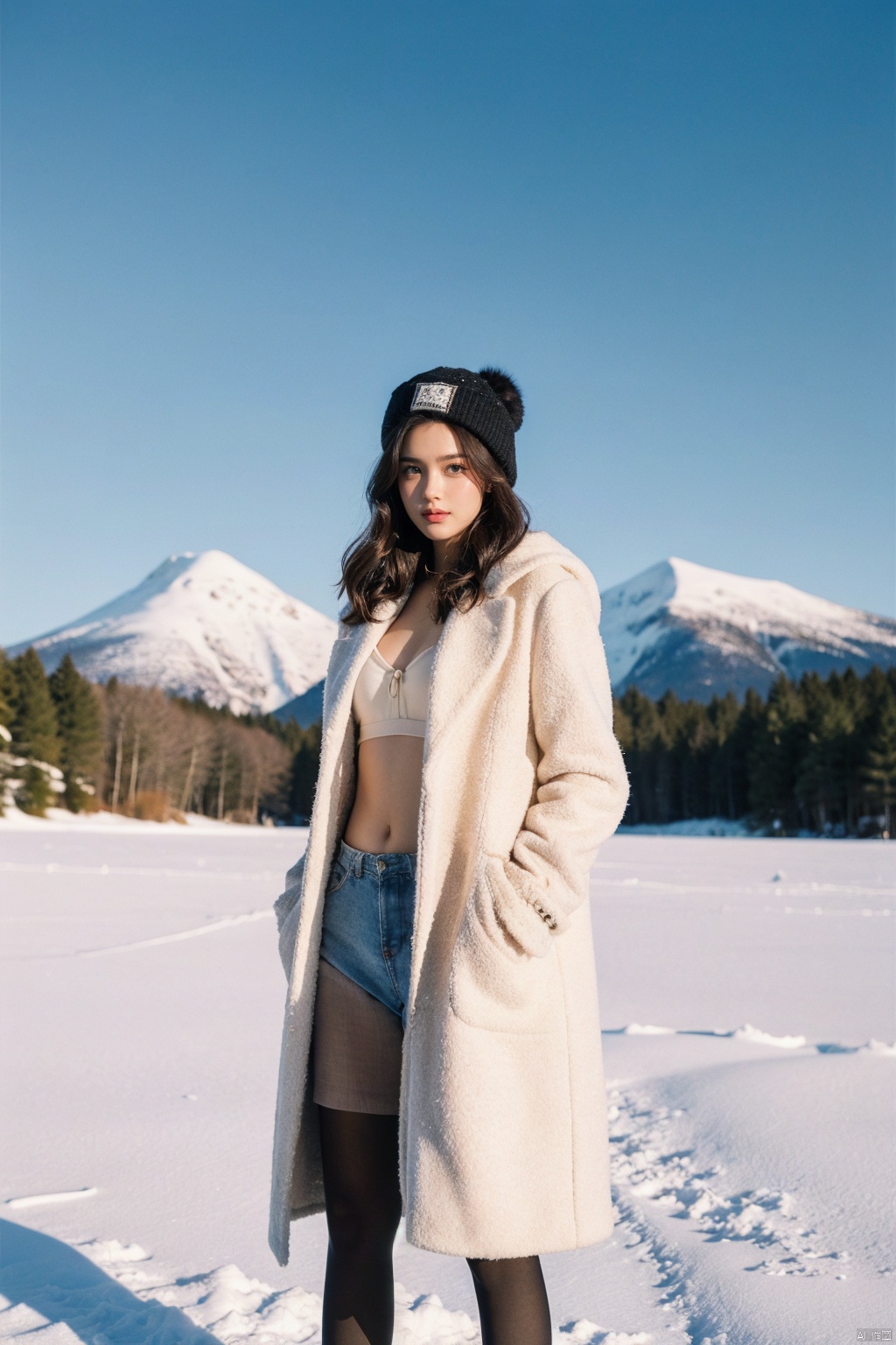 Girl in winter wonderland, panoramic view, standing on the edge of a frozen lake, wearing a fur-edged long down jacket, ((opens the coat to reveal underwear and bra, paired with pantyhose))), snow boots, gloves, wool hat, surrounded by tall pine trees dusted with snow, a crisp blue sky with sunlight breaking through the clouds, casting elongated shadows, snowdrifts on the lake shore, distant mountains under the pink alpenglow, capturing the season of peace and tranquility