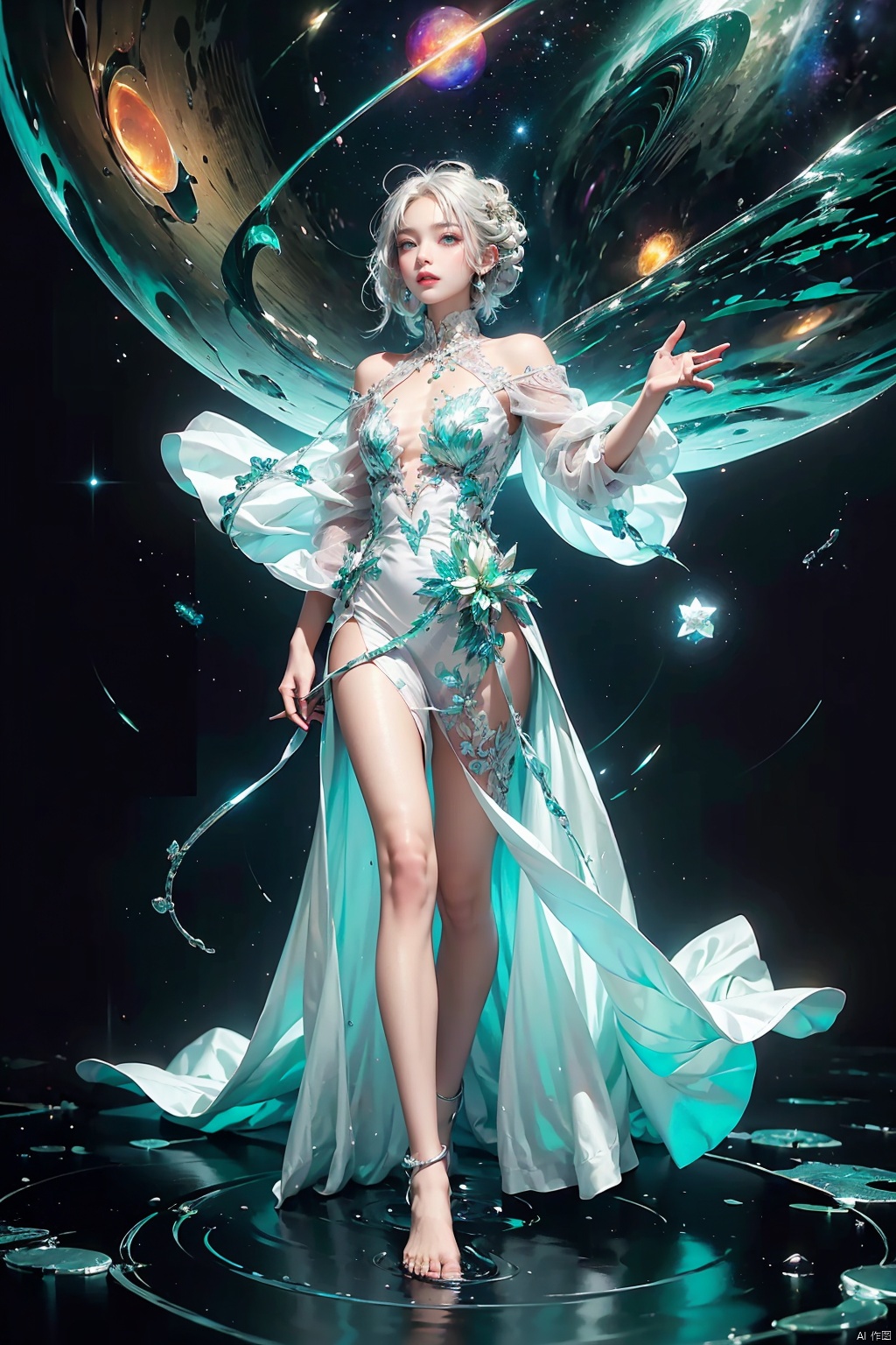  (((green, silver, glimmer)), limited palette, contrast, phenomenal aesthetic, best quality, sumptuous artwork, (masterpiece), (best quality), (ultra-detailed),(((illustration))), ((an extremely delicate and beautiful)),(detailed light),1girl,cold theme, broken glass, broken wall,((an array of stars)),((starry sky)),the Milky Way,star,Reflecting the starry water surface,(1girl:1.3)aqua theme,white hair,blinking,white dress,closed mouth,constel lation,flat color,noline art,full Glass sphere,girl inside glass sphere,white hair,braid,blinking,white robe,bust \(sculpture\),barefoot,float,closed mouth,constel lation,flat color,holding,holding wand,looking up,standing,male focus,medium hair,standing,solo,space,universe,utaite(singer),Nebula,many stars,,
