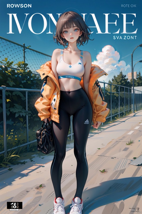 full body,((masterpiece, best quality,photorealistic,)),(magazine:1.3),(cover-style:1.3), yoga pants, sports bra, bombjacket, off shoulder, ,vibrant,front,colorful,dynamic,scene,text,cover,attention-grabbing,title,stylish,font,catchy,headline,a girl, standing, blush, sneakers, airplane, airport, solo,outdoors,day,bangs,fence,rooftop,blue sky,chain-link fence, cloudy sky