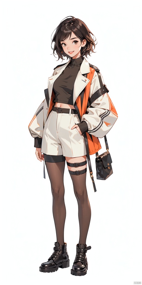  (\ji jian\),  ((poakl)),1girl, solo, breasts, looking at viewer, smile, short hair, brown hair, black hair, long sleeves, medium breasts, standing, jacket, full body, weapon, pantyhose, open clothes, shoes, shorts, teeth, belt, black footwear, grin, open jacket, hand on hip, gun, short shorts, covered navel, thigh strap, white jacket, black background, cropped jacket, pouch, white shorts