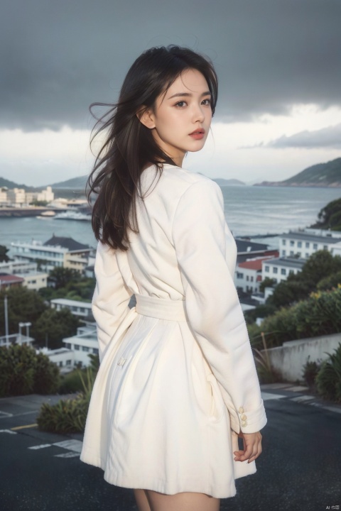 (8k,RAW photo,best quality,masterpiece:1.2),(realistic,photo-realistic), strong wind, a girl, standing, (whole body), back to camera, dynamic hairstyle, rear view, coat,,((movie Composition, film lighting))),, looking to the distant sea, ocean, clouds, gloomy sky, depth of field, sea, gloomy sky, gloom,