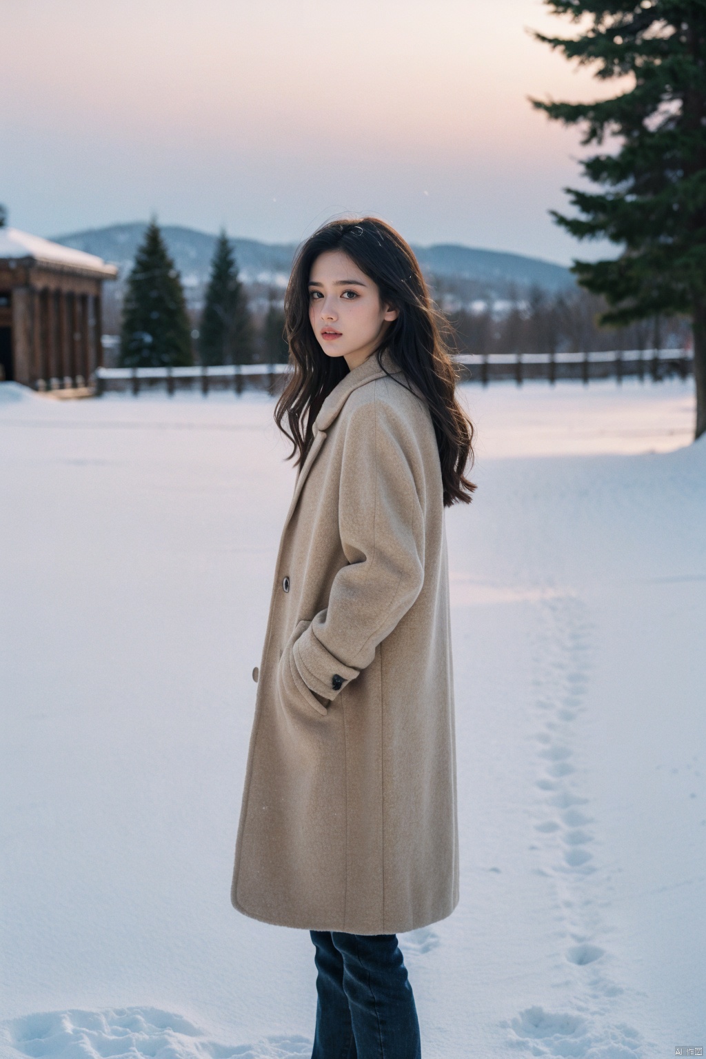 An evocative Annie Leibovitz photograph features a high school senior, clad in her winter uniform—a long wool coat over the standard school attire—standing on the steps of an iconic academic building. The scene is set against a backdrop of frosted trees and a sky tinged with the last light of a winter sunset. Her breath condenses into a fleeting cloud as she looks pensively towards the horizon, embodying the contemplative spirit of youth at the threshold of adulthood.

The image is composed to capture the essence of transition; the juxtaposition of her youthful figure with the imposing architecture symbolizes both the protective shelter of academia and the vast unknown that lies ahead. The snow-covered ground reflects the soft glow of nearby streetlights, adding a dreamlike quality to the composition. Leibovitz's expert use of ambient lighting highlights the textures of her subject's clothing and the delicate details etched by the cold on the surrounding landscape. (8K resolution, best quality: 1.2), (fine art portraiture), (photorealistic depth and emotion: f/2.8), (ultra-high-res), (dramatic natural lighting), (attention to seasonal and environmental storytelling), (subtle interplay between character and setting).((poakl))