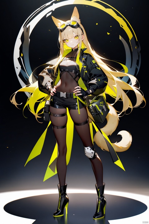  ask (askzy),Bright colors, High saturation, 1 girl, single, long hair, chest, looking at the audience, bangs, blonde hair, long legs, gloves, long sleeves, holding, animal ears, tail, medium chest, long hair, closed mouth, standing, Jacket, whole body, weapons, boots, Shorts, Black gloves, belt, Black long legs, finger-less gloves, black shoes, high heels, tights, hands on hips, short shorts, covering navel, Skin, thigh strap, black shorts, Black background, goggles, black tights, high leg tights, high heeled boots, bag, knee pads, shoulder, belt bag, range