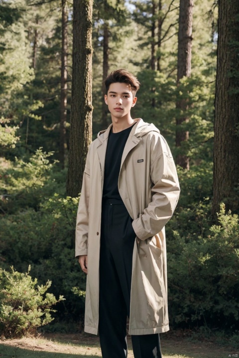 fashion-forward meets nature portrait, 35mm panoramic capture, trend-conscious male model in avant-garde streetwear, set against a lush forest backdrop, full-length composition, striking outfit harmonizing with the organic environment, modern materials contrasting with the wilderness, blending urban style with natural surroundings, incorporating movement or interaction with nature, AHJKLZ_forest_chameleon, high-resolution imaging, rich color palette, deep shadows and bright highlights, selectively focusing on the subject within the vast landscape, artfully merging the worlds of contemporary fashion and the great outdoors, telling a story of a man at one with both his style and the environment,((poakl)),