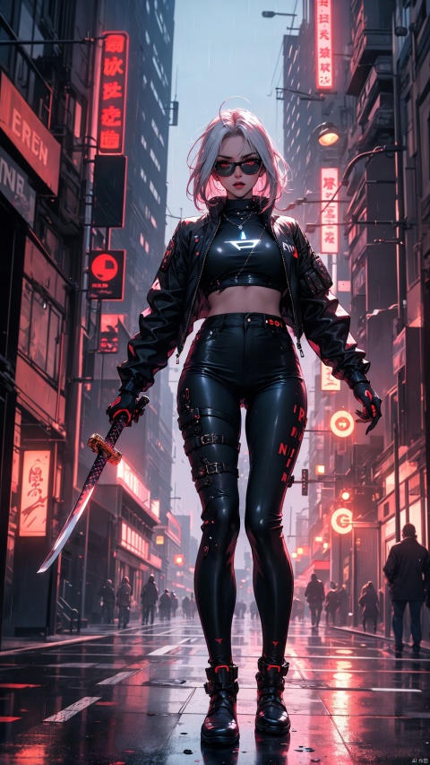 cyberpunk femme fatale, platinum blonde hair, iconic mirrorshades, tactical armored jacket over mesh top, armored leggings and fingerless gloves, katana strapped to back, combat boots with chrome accents, standing amidst raining neon signs, battle-scarred urban environment, sultry expression, (mature NSFW), augmented limbs visible under torn clothing, high-tech datapad in hand, immersive rainy night scene, full body perspective, cinematic depth of field, r1ge, embodying the spirit of Night City's dark alleys