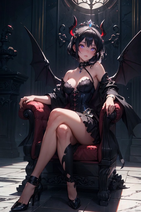 1female succubus, luxurious demon lair, wearing revealing crimson and black corset dress with bat-wing accents, dark horns curving upwards, long, voluminous midnight-black hair, mesmerizing purple eyes with vertical pupils, sitting on a throne of bones, holding an enthralling crystal ball, bat-like wings partially unfurled, tail coiled around the base of the throne, sultry expression, seductive pose, glowing ethereal aura, fiery inferno backdrop, intricate demonic motifs, polished marble floor, jewels embedded in surroundings, chiaroscuro lighting, smoke effects, high-resolution, concept art for dark fantasy game, digital painting with smooth brushwork and vibrant colors, , NYDarkHalloween