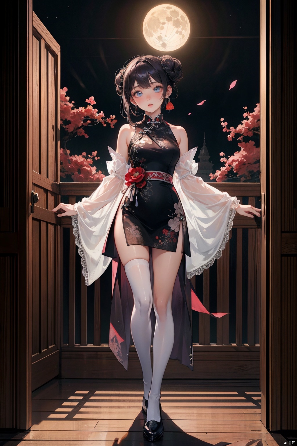 Ancient Chinese Courtyard at Night: 1.7), 1 girl, standing, qiang gui (Chinese zombie) attire, short cheongsam-inspired skirt, white thigh-highs, Qing Dynasty-styled dress with Mandarin collar, brocade embroidery, torn hemline revealing thigh-highs, bound feet in traditional lotus shoes, blackened fingernails, stylized white face paint, exaggerated theatrical makeup, coal-rimmed eyes, dark purple lipstick, jet-black hair in tight bun, elaborate hairpins, dangling plum blossom earrings, vermilion silk sash, trailing tattered sleeves, classic Chinese僵尸posture, stiff gait, traditional headdress with bat and peony motifs, jade pendant, moon glow, paper funeral money scattered, incense smoke, ancient architecture, elongated fingernails, glazed ceramic pot shattered nearby, ominous shadows, ((poakl))