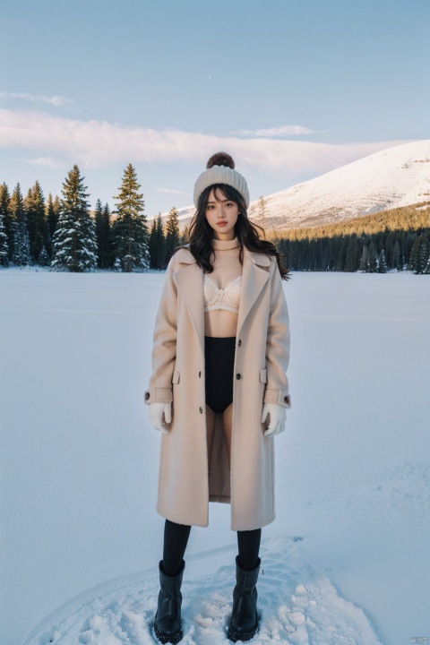 Girl in winter wonderland, panoramic view, standing on the edge of a frozen lake, wearing a fur-edged long down jacket, ((opens the coat to reveal underwear and bra, paired with pantyhose))), snow boots, gloves, wool hat, surrounded by tall pine trees dusted with snow, a crisp blue sky with sunlight breaking through the clouds, casting elongated shadows, snowdrifts on the lake shore, distant mountains under the pink alpenglow, capturing the season of peace and tranquility