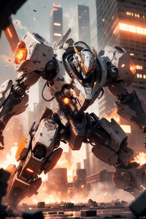 from below,Robots, huge mechas, stand proudly on skyscrapers with their huge bodies. The armor is made of smooth metal, industrialized, screws, and steel bars.It stands amid a battlefield of ruins and destruction.A dramatic low-angle shot is used to show its power and awe, with a stunning sunset in the background, spreading warm tones throughout the scene.The surface is meticulously carved with wear effects, the transparent part shows the complex internal mechanical structure, moving parts produce dynamic blur, battle sparks and explosions bring vivid light and shadow, movie-level 8K resolution, all-round display of stunning scale and power