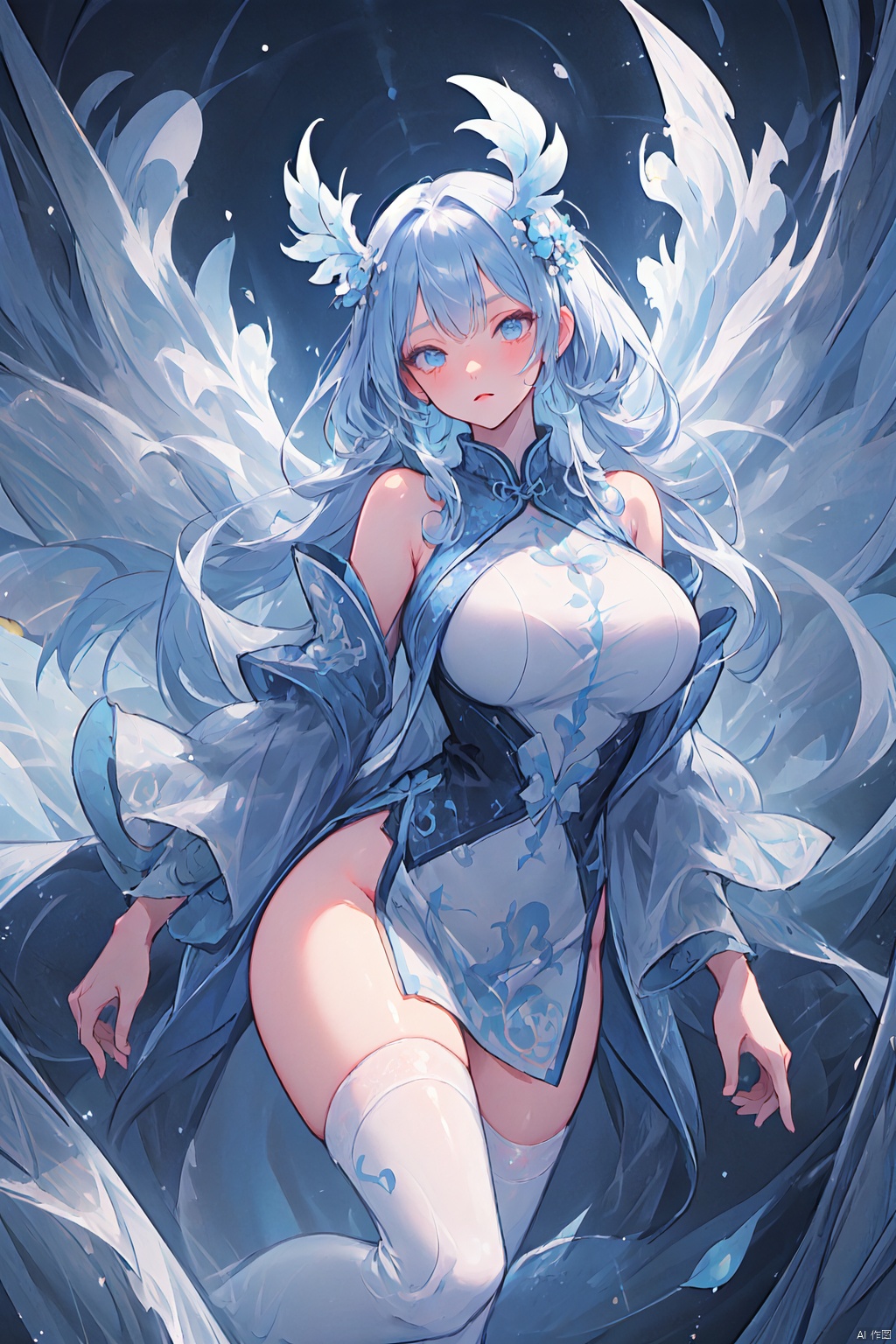 (fractal art: 1.4), (white and blue theme: 1.1), 1 girl, long hair, chinoiserie, fantasy, slit cheongsam, white stockings, huge wings, (huge wings: 1.3) looking_at_viewer, flowers, fantasy