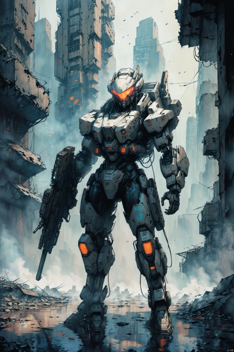 1mecha-girl, full-body artwork, post-apocalyptic setting, ruined cityscape, cyberpunk aesthetic, mechanical limbs, advanced weaponry, sleek armor plating, glowing neon accents, android eyes, futuristic backpack, battle-worn environment, debris-strewn streets, smokestacks, shattered skyscrapers, weathered concrete, holographic HUD display, synthetic hair strands, determined expression, mixed media elements, detailed circuitry, hybrid human-machine form, dystopian atmosphere, environmental storytelling, hi-tech exoskeleton, tactical gear, quest for survival, gritty realism,((anime art style)),