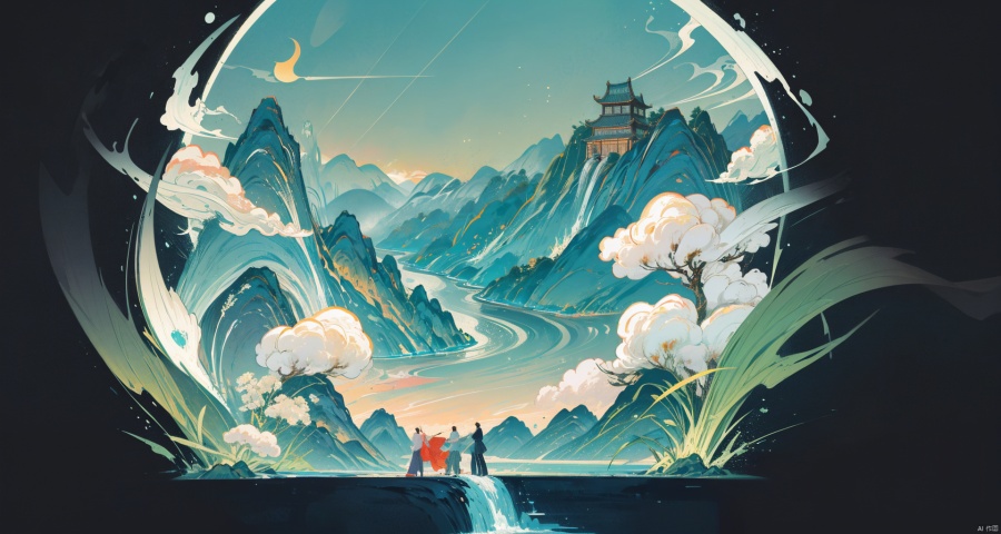 masterpiece, best quality, high resolution, incredibly ridiculous, absurd, very high resolution, detailed beautiful scene, ultra high definition wallpaper, ((overall tone is red)), (foreground auspicious clouds), clouds, country Chaoshanshui urban landscape illustrations combine traditional Chinese ink painting techniques with modern trendy visual art.On the left side of the picture is a stretch of lofty mountains, with winding rivers flowing between them, outlining a typical Chinese painting landscape, dotted with antique pavilions and looming cornices.On the right side, a modern city skyline is shown. The design of the skyscrapers cleverly combines traditional Chinese elements, such as window lattice grilles, moire carvings, ceramic glazes, etc. At the same time, neon lights flash on the top of the buildings, forming a distinct mark of the times.The landscape and the city are connected by a rainbow bridge, on which young people wearing national costumes are walking, waving skateboards and drones with national patterns in their hands.The brilliant city lights at night form a harmonious contrast with the quiet mountains and rivers, jointly interpreting the theme of the symbiosis of ancient and modern, nature and technology in Chinese trendy culture.