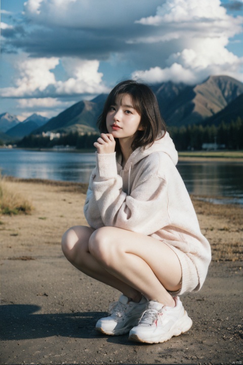 A girl squatting on the ground looked sideways at the camera, her eyes gentle and slightly shy.Her short hair with bangs is neat and neat, adding a bit of pure atmosphere.She wore light makeup on her face, highlighting the texture of her skin.She wore an off-white hooded sweatshirt, pink sweatpants, and white casual shoes. Her whole body was warm and energetic.Especially the pair of tight black legs paired with flesh-colored stockings, which looks even more warm and pleasant in the cold winter.The surrounding environment is very peaceful and beautiful: there are mountains in the distance, and the lake nearby reflects the clouds in the sky like a mirror.The whole picture is full of warm and harmonious atmosphere, making people feel the charm of nature and the beauty of life.