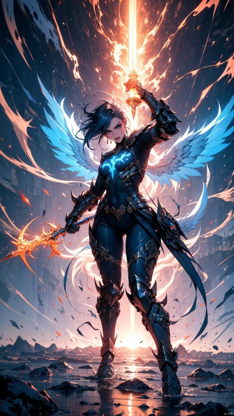 1female, League of Legends-inspired champion, full body, fantasy armor, detailed weapon, unique abilities特效, vibrant color scheme, dynamic action pose, fantastical wings or magical effects, game-quality rendering, battle-ready expression, stylized environment, intricate character design, ethereal or elemental powers

