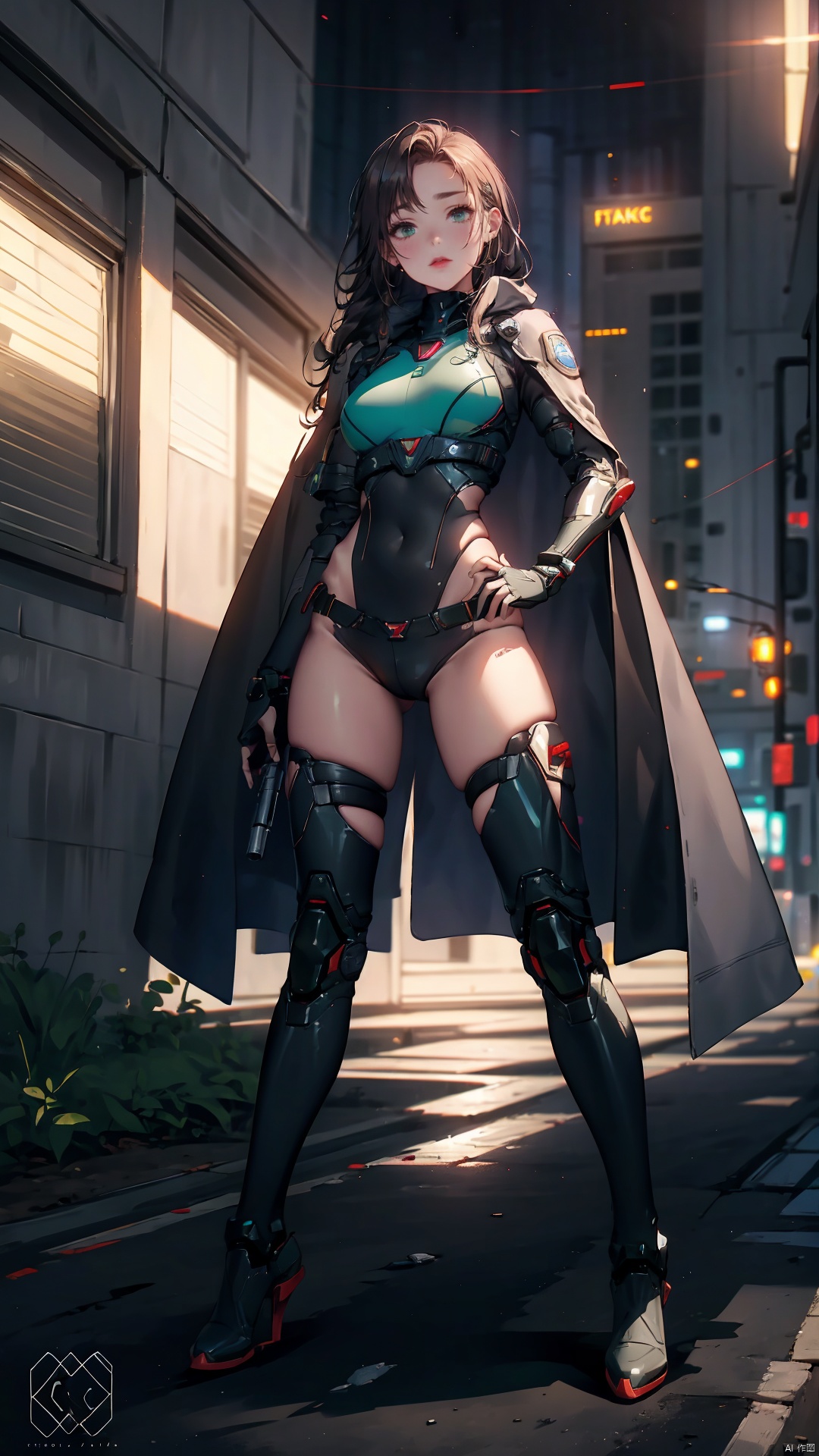  masterpiece, best quality, highres, incredibly absurdres, 1figure, cyberpunk, futuristic, female, rogue agent, glowing tattoos, full-body armor, tactical visor, high-tech gauntlets, utility belt, exposed abdomen, chest plate, synthetic dreadlocks, green cybernetic eyes, shoulder pauldrons, flowing cape, thigh-high boots with buckles, energy weapon, digital camouflage patterns, augmented reality display, fingerless gloves, micro-missile launcher, dual pistols, cybernetic enhancements, ripped bodysuit, stern expression, lithe stance, half-cape, utility pouches, visible internal circuitry, cyber-eye HUD, red lip color, scar over left eyebrow, weathered urban backdrop, combat ready, ((poakl))