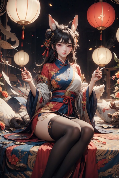  huge filesize,1girl,animal ears,new year,dragon,red eyes,lantern,looking at viewer,chinese zodiac,solo,paper lantern,wide sleeves,double bun,tail,sitting,pantyhose,chinese clothes,smile,own hands together,blush,dress,