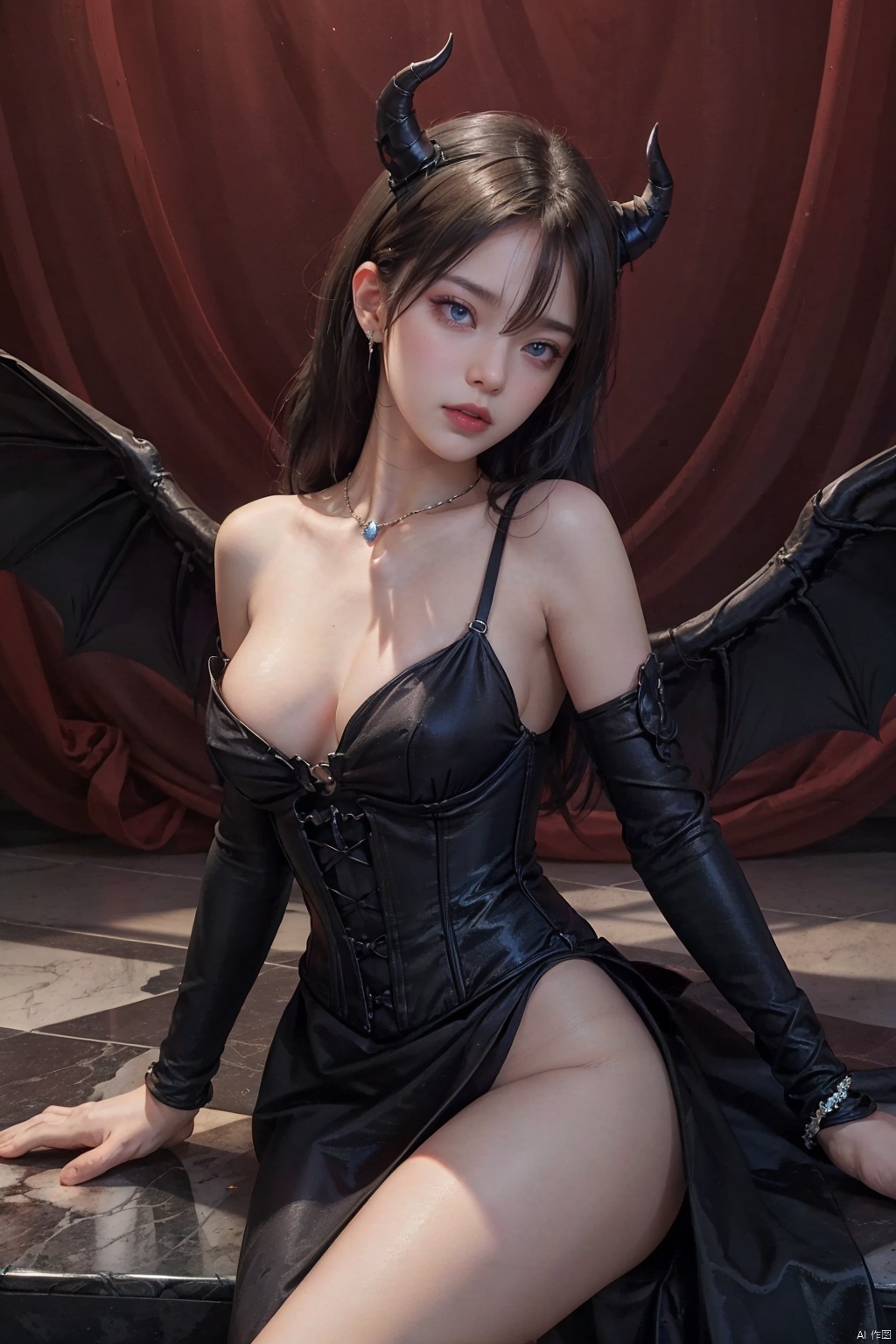  1female succubus, luxurious demon lair, wearing revealing crimson and black corset dress with bat-wing accents, dark horns curving upwards, long, voluminous midnight-black hair, mesmerizing purple eyes with vertical pupils, sitting on a throne of bones, holding an enthralling crystal ball, bat-like wings partially unfurled, tail coiled around the base of the throne, sultry expression, seductive pose, glowing ethereal aura, fiery inferno backdrop, intricate demonic motifs, polished marble floor, jewels embedded in surroundings, chiaroscuro lighting, smoke effects, high-resolution, concept art for dark fantasy game, digital painting with smooth brushwork and vibrant colors, , NYDarkHalloween