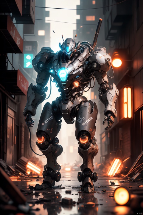 Robot, tech mech, wearing battle-worn armor with glowing energy lines, standing in a dystopian cityscape under neon lights, environmental reflections reflected on metal surfaces, night scene setting, smoke and debris in the background, super High-definition picture quality, cyberpunk style aesthetic design, strong sense of depth of field