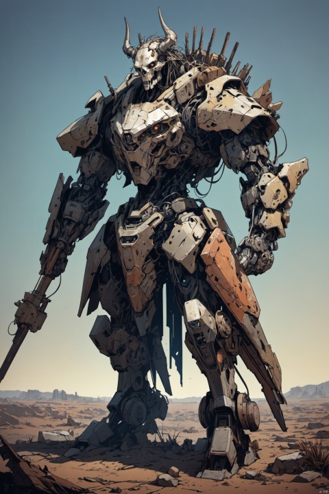 post-apocalyptic masterwork, blending the wild spirit of centaur mythology with the ruggedness of scavenged technology, the wasteland mechanical centaur character design features a heavily armored upper torso, pieced together from corroded scraps of metal and salvaged vehicle parts, its chestplate adorned with rusted tribal markings and bullet-riddled insignias, housing a powerful engine that hums with life. The lower half transitions seamlessly into the sinewy legs of a quadruped machine, jointed segments suggesting the organic movement of a living creature, feet clad in jagged, recycled horseshoes leaving trails in the dust.

The centaur's head is a fusion of bio-mechanical engineering and survivalist innovation, a fierce stallion's skull encased in protective plating, glowing eyes peering through cracks in the metal, suggesting a primal intelligence augmented by circuitry. Its mane consists of tangled wires and cables, whipping wildly in the howling winds of the barren wasteland.

Against a backdrop of collapsed buildings and the remnants of civilization, under a sky streaked with toxic hues, this fearsome yet noble construct stands sentinel over the desolation, a testament to the enduring will of its creators and the hybridization of nature's strength with humanity's resourcefulness. (gradient background, simple background),((anime art style)), ((poakl))