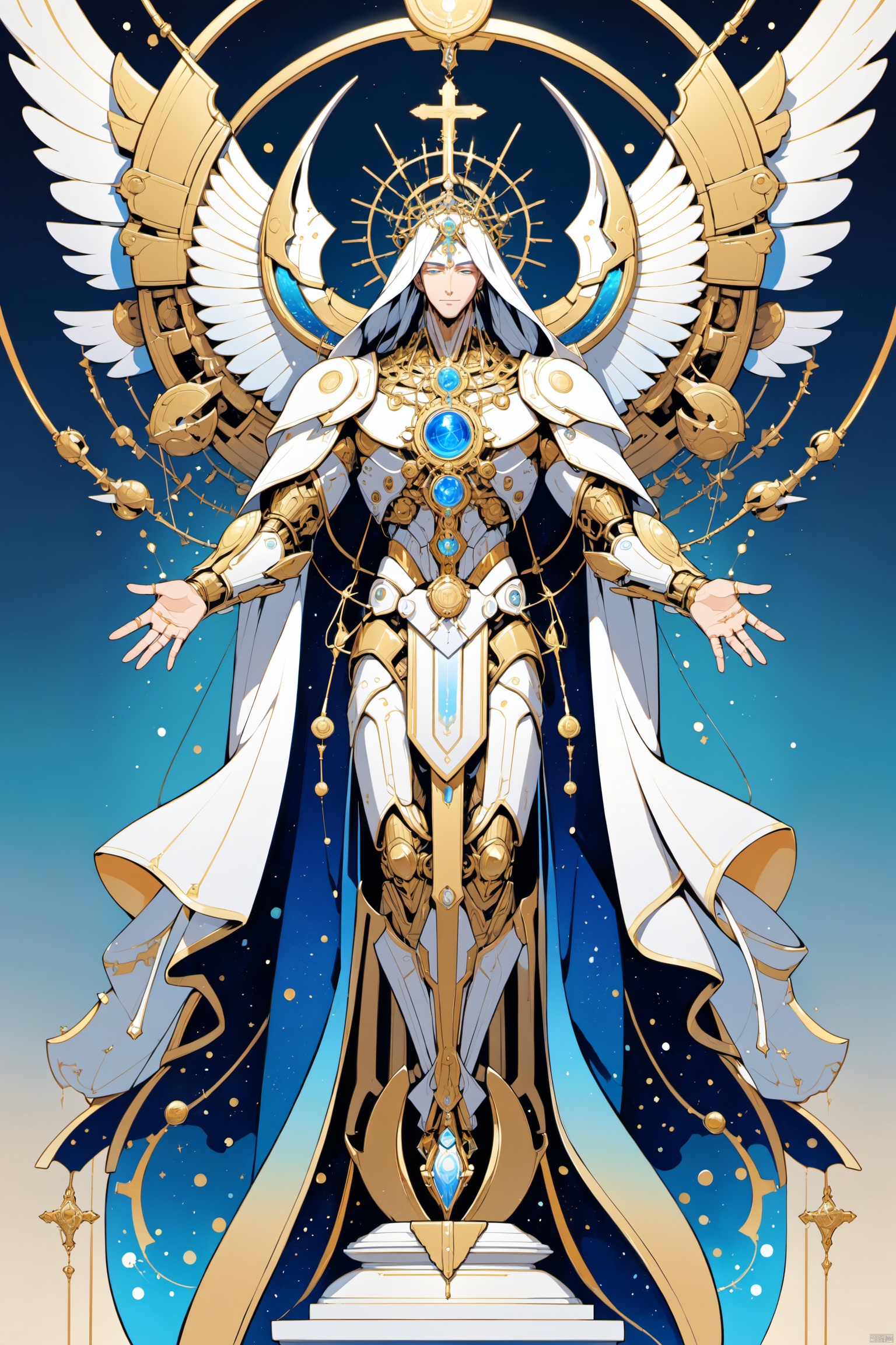 divine masterpiece, artful juxtaposition of sacred and futuristic themes, mechanical Jesus Christ depiction, merging classical iconography with hi-tech elements, gilded titanium alloy robes draping gracefully over intricately crafted robotic form, gentle facial features retaining a serene expression, augmented with softly glowing ocular implants, thorns crowning his head replaced with a halo of pulsating micro LED lights, open palms revealing complex mechanisms symbolizing eternal protection and redemption, standing atop a minimalist white pedestal, simple, celestial gradient background transitioning from deep blue to pure white, symbolic representations of nails now as advanced connectors anchoring him to his divine mission, subtly infused with spiritual energy, all attention focused on the harmonious blend of divinity and innovation, capturing the essence of sacrifice, compassion, and transcendence in a new era. (gradient background, simple background),((anime art style)), ((poakl))