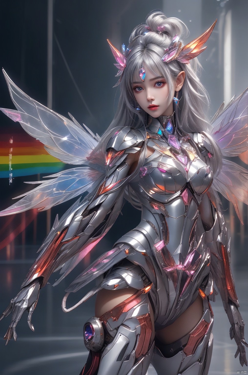  1girl,crystal wings, Fairy, silver Mecha, All the Colours of the Rainbow,