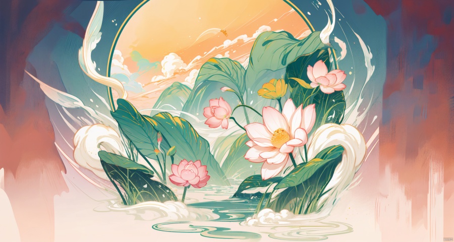 Masterpiece, Best Quality, High Resolution, Incredibly Ridiculous, Absurd, Very High Resolution, Detailed Beautiful Scene, Ultra HD Wallpaper, ((overall tone is red)), (foreground auspicious clouds), clouds, auspicious clouds Patterns, lotuses, ponds, peaks, pagodas, peony flower decorations, golden phoenix patterns and antique jade colors, while drawing on exquisite window pane patterns and delicate gold foil embellishments