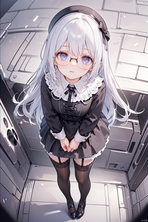 (((looking up, looking up, perspective, wide angle perspective, depth of field: 1.4))) A girl, seen from the side, full body, standing, focus on knees, dress, glasses, blush, (black garter stockings), legs spread , mary jane shoes , 8k , masterpiece , stunning art