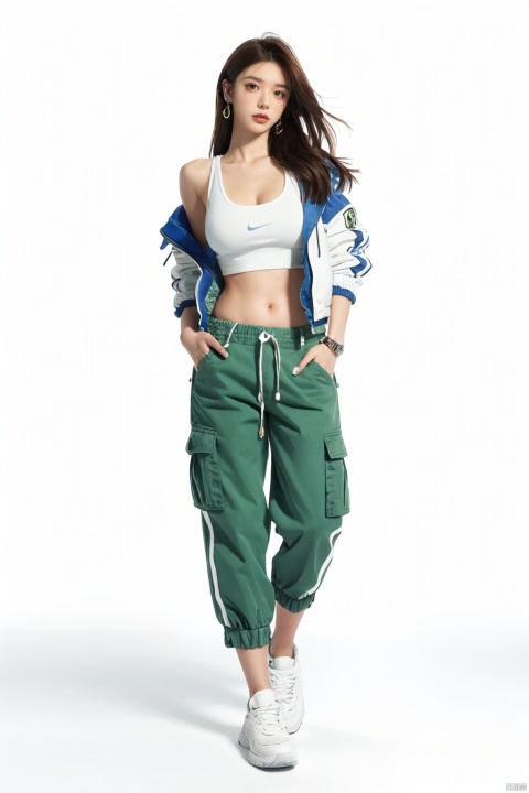  (best quality), ((masterpiece)), (highres), illustration, original, extremely detailed . ooo, 1girl, solo, long hair, breasts, white background, full body, simple background, blonde hair, sneakers, pants, shoes, blue eyes, looking at viewer, navel, white footwear, jewelry, earrings, crop top, off shoulder, midriff, jacket, hands in pockets, bare shoulders, green pants, smile, standing, cleavage, parted lips, open clothes, tank top, medium breasts, collarbone, open jacket, floating hair, nike, white jacket., ((poakl))