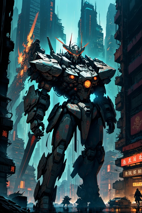 epic masterpiece, ultra-high definition, cyberpunk-fantasy fusion, death deity mecha, divine-reaper motif, mechanical detail, battle-worn patina, illuminated by neon cityscape, glowing energy blades, smoke and steam vents, set against dystopian metropolis backdrop, towering skyscrapers, holographic advertisements flickering, rain-soaked streets reflecting light, interlaced with ancient ruins, hybrid east asian-western architecture, technologically advanced weaponry, pulsating energy core, armored plating adorned with skulls and bones, partially transparent cockpit revealing digital spirit within, motion blur as it strides through the urban chaos, dynamic composition, dramatic use of light and shadow, no human presence except for the mecha, emphasize power and mythos,((anime art style)),