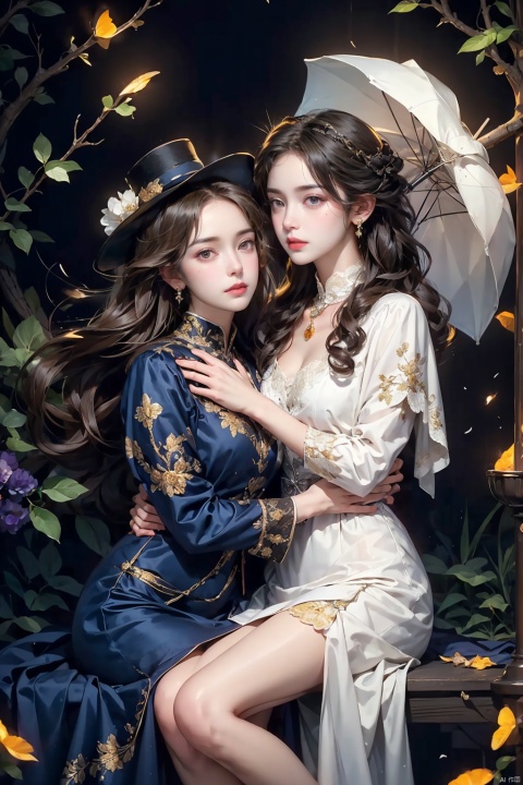 ((Ruby red, midnight blue, amethyst purple)), limited color matching, high-key lighting, romantic beauty, gorgeous texture, (gallery quality), (super detailed), (((watercolor on canvas))), (exquisite Tender melancholy scene)), (soft focus glow), pair, moonlit garden theme, blooming wisteria trellis, crumbling stone bench, ((falling petals)), ((flickering fireflies)), full moon, Silver birch trees, moonlight reflection, koi fish in the pond, (1 pair: 1.2) hugs, Victorian fashion, gentleman in top hat, lady in flowing dress, lace parasol, slightly parted lips, longing gaze, Shared secrets, exquisite embroidery, gentle breeze, antique street lamps, wrought iron fences, mist-shrouded heroines, long curly hair, elegant postures, retro settings, heart-shaped lockets, whispers in the night, nostalgia ,))