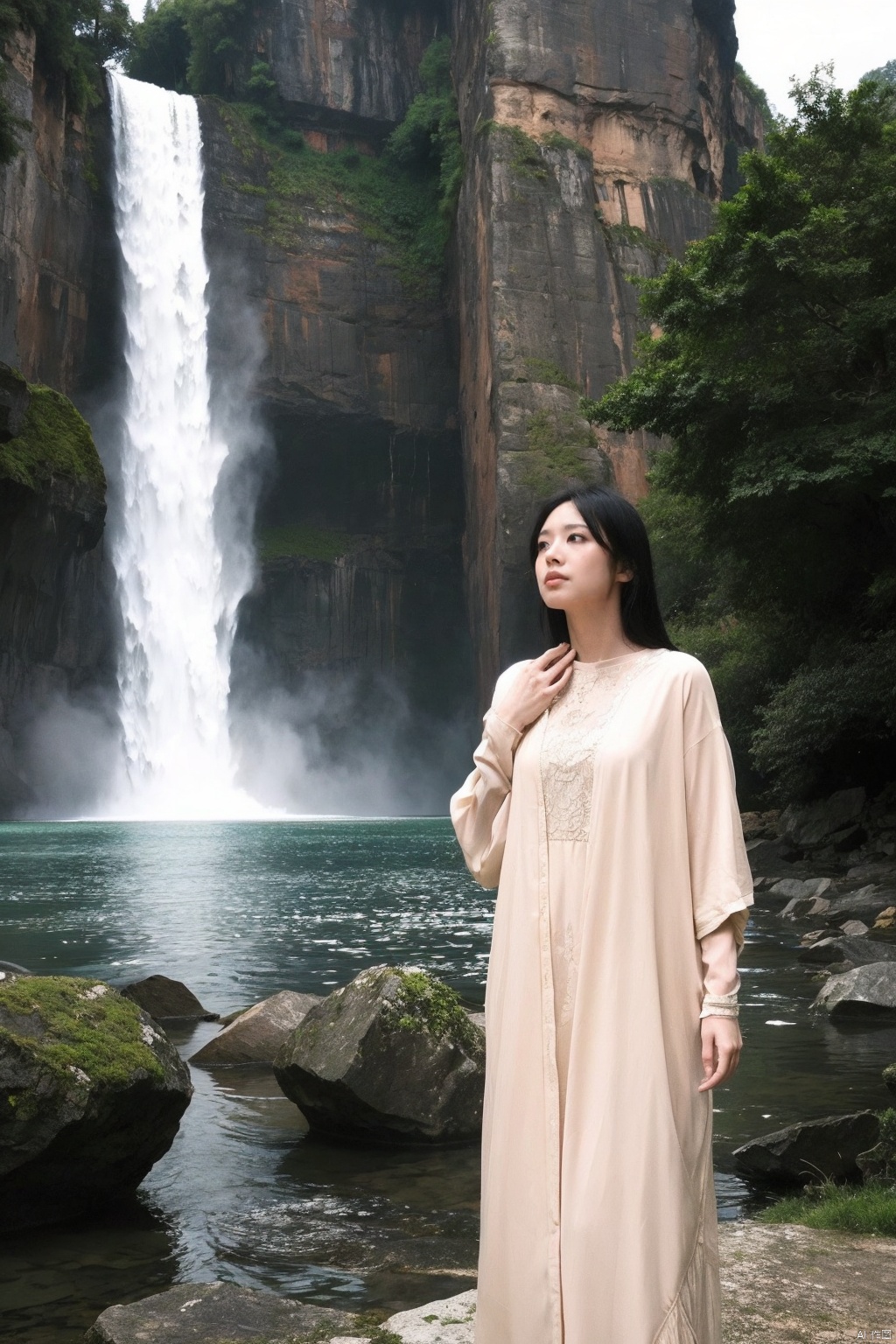 Beneath a towering cliff,a woman stands with a cascading waterfall behind her. The weather is overcast,casting the scene in a palette of cool,subdued colors. The water's roar contrasts with the gentle,soft composition of the scene,creating a sense of harmony between nature's power and tranquility. The woman's presence adds a contemplative,serene quality to the landscape,as she gazes into the distance under the cloudy sky.,