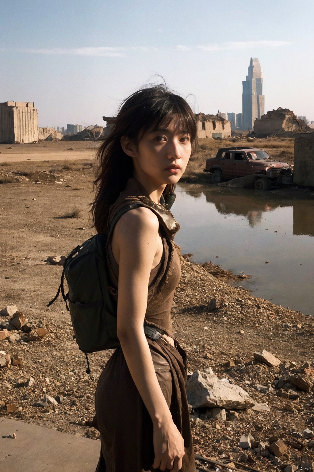  Envision a low-poly game art featuring a solitary girl in a post-apocalyptic setting. She's a survivor,dressed in makeshift armor crafted from remnants of the old world. The background is a desolate urban landscape,with crumbling buildings and abandoned vehicles. The scene is tinged with hues of orange and red,reflecting the harshness of the environment. She carries a backpack full of scavenged supplies,her expression one of resilience and hope amidst the ruins,(film grain:1.2),