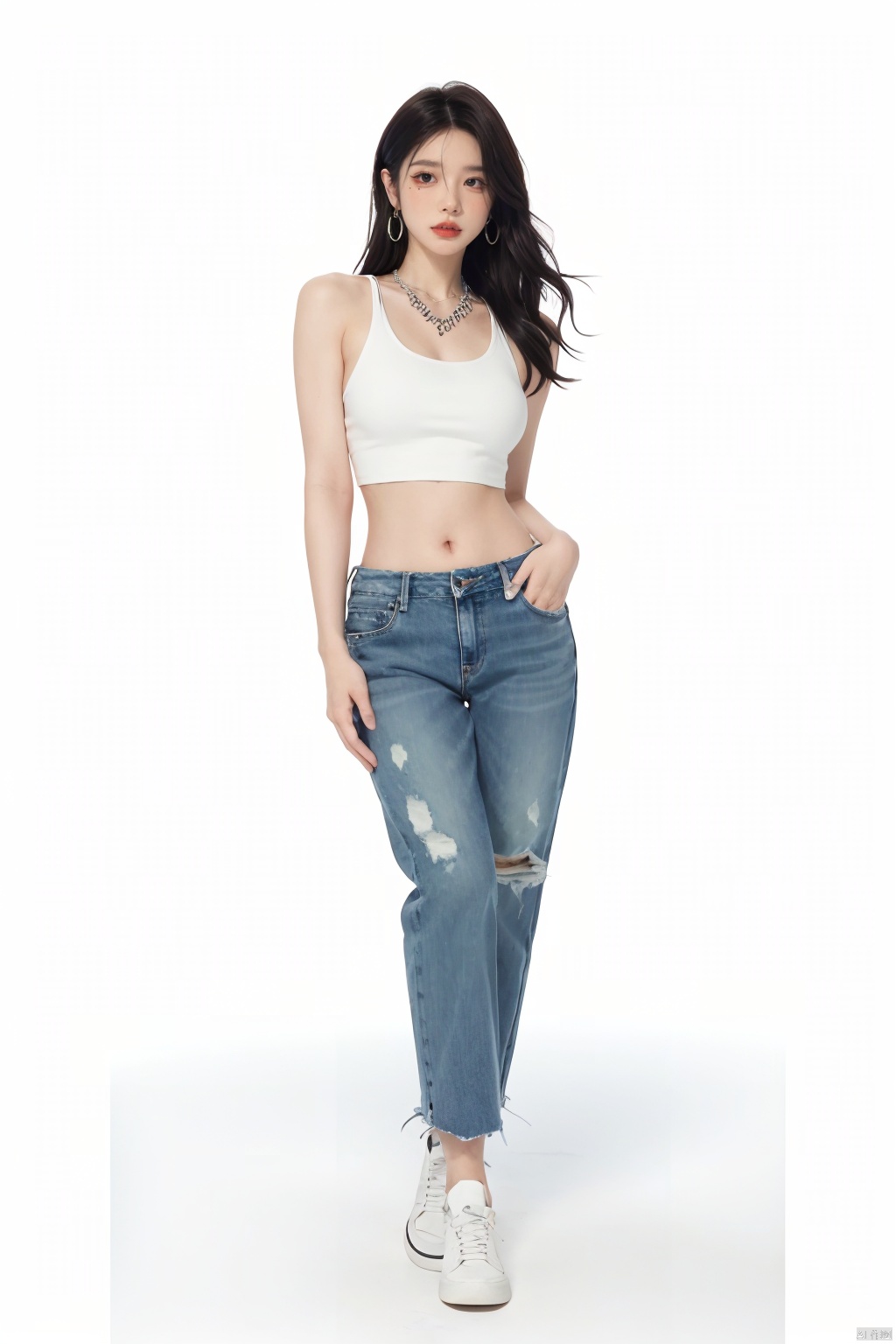  (best quality), ((masterpiece)), (highres), digital art, illustration, original, ultra-realistic, intricate details . ooo, 1girl, solo, flowing black hair, voluminous locks, full body, minimalist white background, piercing blue eyes, direct gaze, looking at viewer, visible navel, casual outfit, high-waisted green pants, cropped jeans, sneakers, iconic nike shoes in black and white, exposed ankles, jewelry adorned, silver hoop earrings, statement necklace, stylish crop top, off-shoulder cut, midriff-baring, fitted black leather jacket, hands tucked casually in pockets, bare shoulders, toned arms, subtle smile, standing pose, natural cleavage, slightly parted lips, **** top underneath, medium-sized breasts, prominent collarbone, unzipped open jacket revealing a hint of the **** top, floating strands of hair, dynamic composition, confident stance., ((poakl))