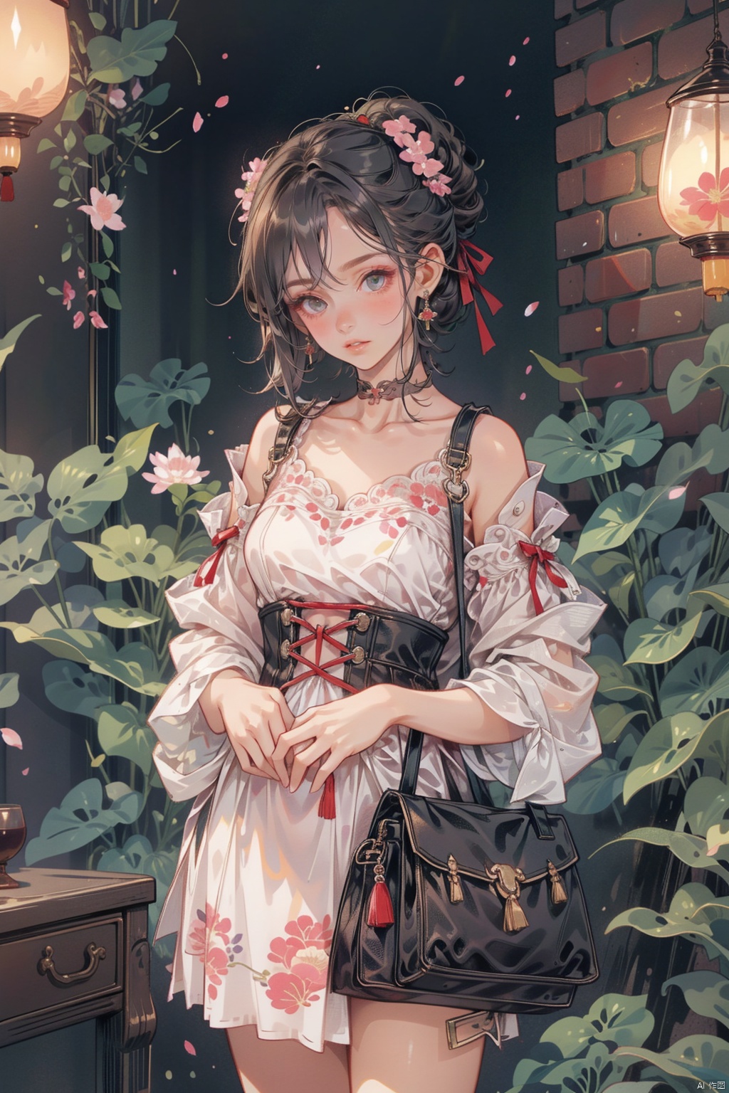 1girl, sensual Hanfu, traditional Chinese garden setting, flowing white silk dress embroidered with red and gold floral patterns, high-waist skirt, transparent inner layer revealing delicate skin, intricate hairpins holding cherry blossoms Bun, exquisite jade earrings, light makeup to outline almond eyes, dark eyeliner, pink glossy lips, thin waist tied with a ribbon, wooden-soled lace-up boots, bare shoulders, a serene expression with a hint of temptation, adding an ethereal quality to the moonlit night The temperament, the background is an ancient pavilion, flowers are blooming in the lotus pond, the breeze is blowing, and the fabric is swaying gently, ((poakl))