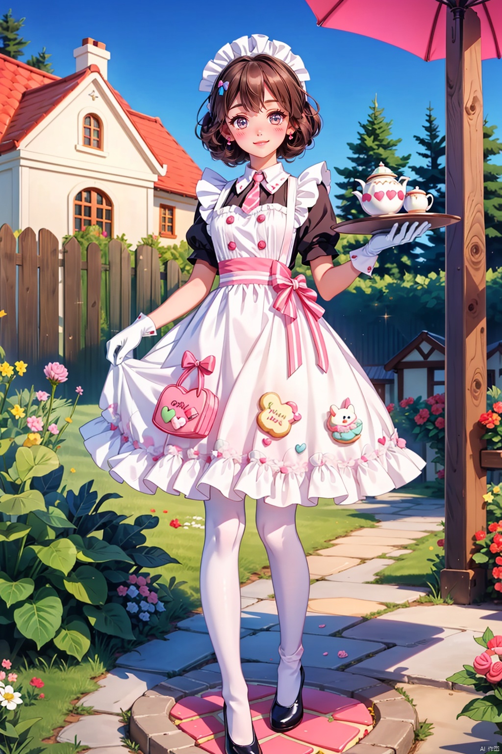  (((white stockings))),1female, maid, candy-themed environment, short frilly maid dress, white stockings with lace trim, matching apron, hair tied up in a ribbon or headband, Mary Jane style shoes, holding a tray with sweet delights, standing outside a whimsical candy house made of gingerbread, candy cane pillars, frosting details, pastel macaron roof tiles, sugar-dusted garden, confectionery flowers, gumdrop stepping stones, sky filled with cotton candy clouds, heart-shaped cookies lining the walkway, Lolita-styled maid outfit, bows and ribbons throughout the attire, dainty teapot or cupcake on serving tray, pink and white striped walls of the candy house, blush-colored cheeks, friendly smile, playful animations like winking pastry mascots, lollipop tree nearby, cake pops as bushes, a candy cane broomstick propped against the house, elegant parasol leaning on a candied bench, sparkling clean white gloves, iridescent fairy lights decorating the scene((poakl))
