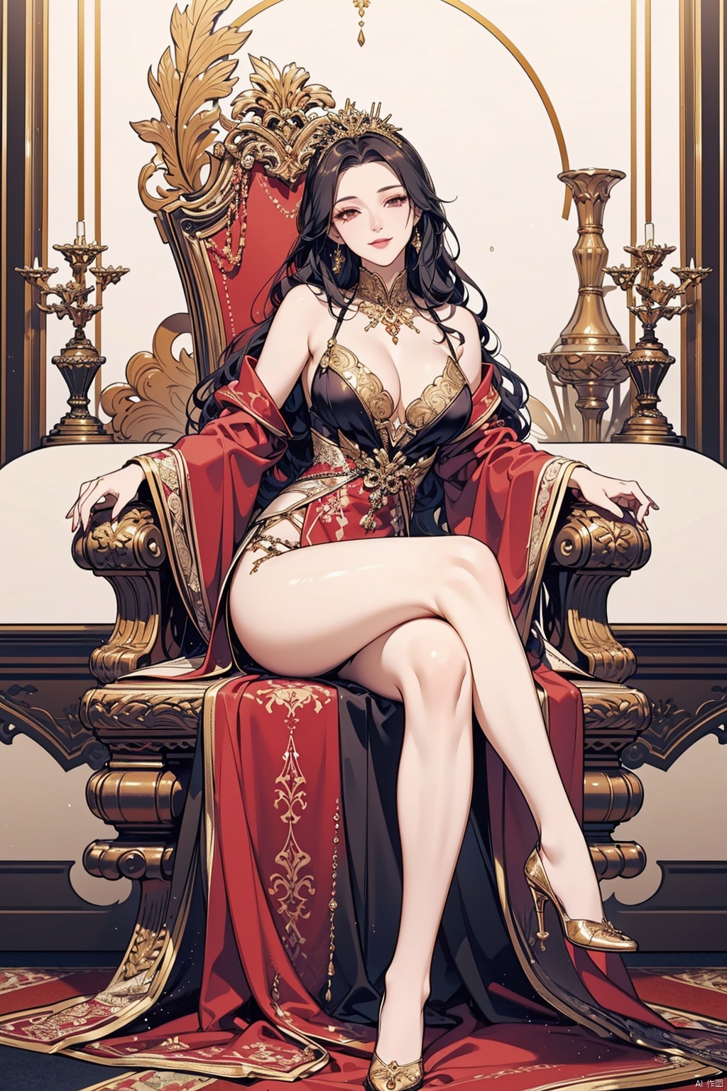  &quot;In a sensual throne scene, the anime-style Queen, seductively aged 35, sits majestically on her ornate golden throne, surrounded by towering marble columns and a rich tapestry of royal heritage, wearing a luxurious crimson velvet The gown hugged her curves, revealing a plunging neckline and thigh-high slit that accentuated her statuesque figure. The skirt was embellished with intricate gold embroidery and bejeweled embellishments, her legs were crossed, and her long scarlet hair was styled in a big The wavy form hangs down from her back, on the luxurious velvet footstool, ((majestic posture)), the majestic gaze, and the seductive smile, embodying the irresistible temptation and unyielding power of the king.&quot;