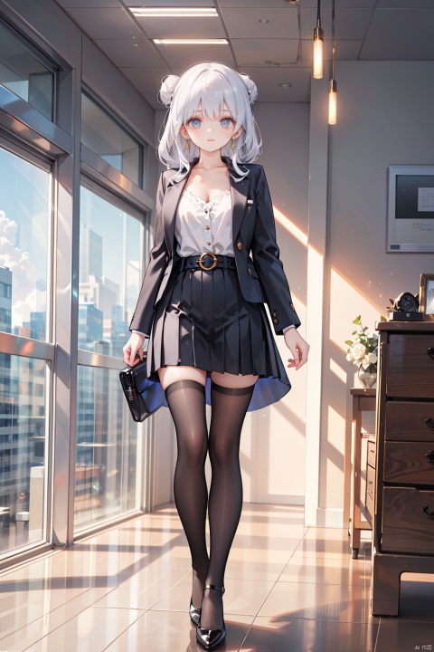 1girl, charming businesswoman pose, standing in front of the floor-to-ceiling window, admiring the panoramic view of the city, customized dark blue power suit with asymmetrical skirt and matching jacket, wearing white silk camisole underneath, transparent black stockings, pointed patent leather high heels, fluffy Curly hair tied into a chic high bun, personalized gold and silver geometric earrings, bold red lipstick, exquisite contour makeup, a slender waist, a thin belt, a towering office building environment, sharp eyes looking towards the horizon, the sun casts a dramatic shadow A shade that exudes confidence, power and charisma