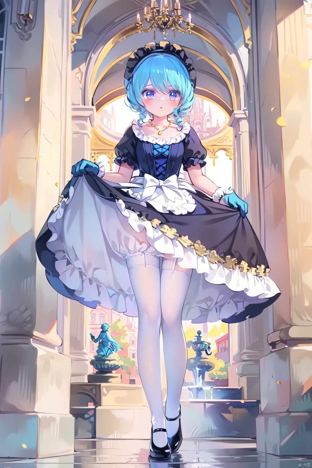 (((white stockings))), ((poakl)),1female, lolita fashion enthusiast, palace backdrop, elaborate Victorian-inspired short skirt dress with petticoats and frills, pristine white stockings adorned with lace and bows, heeled Mary Jane shoes, ornate parasol or fan, bonnet or decorative hair clips, carrying a small teacup poodle or a vintage doll, standing on the grand balcony of a palatial estate, baroque architecture with towering columns, lush gardens and fountains below, golden statues and intricate frescoes adorning the walls, rococo details, soft pastel colors in her attire, layers of chiffon and tulle, satin bows and pearls, cameo necklace, delicate lace gloves, cherubic facial features, curled locks framing the face, sunlight streaming through the archways, aristocratic posture, refined elegance, birds perched on balustrades, gilded mirrors reflecting the opulence, far-off view of sprawling landscapes or cityscapes beyond the palace grounds, majestic peacocks wandering nearby