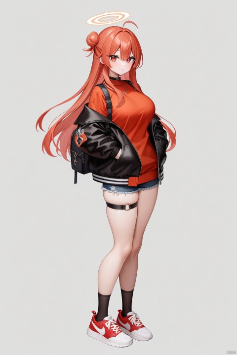 hazuki \(nyorosuke\),Bright colors, High saturation, (best quality),(masterpiece),1girl, solo, long hair, breasts, looking at viewer, bangs, large breasts, simple background, red eyes, white background, hair between eyes, standing, jacket, full body, ahoge, thighs, red hair, shoes, shorts, choker, socks, bag, hair bun, sweater, black jacket, kneehighs, thigh strap, turtleneck, halo, backpack, antenna hair, black socks, sneakers, hands in pockets, red sweater